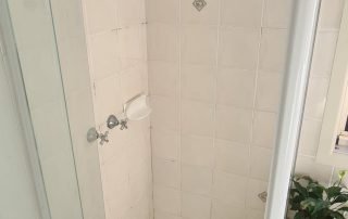 Shower interior with visible mold and mildew on tiles and grout